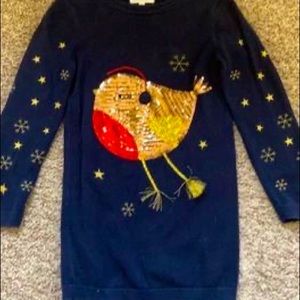 Long Navy Blue Sequinned Robin Christmas sweater